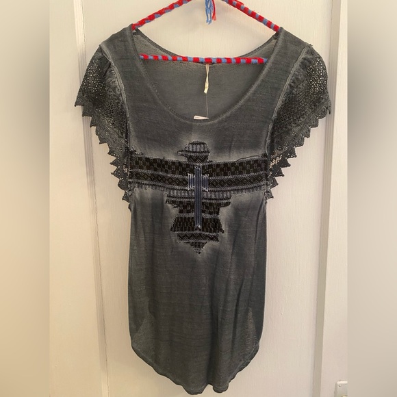Free people women’s shirt size small. Lace & stitched detail. Color: Blue/Grey - Picture 1 of 3